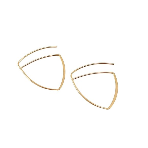 Gold Open Hoops Triangle Shape, Minimalist Earrings, Arch Earrings, Thin Hammere - Picture 5 of 8